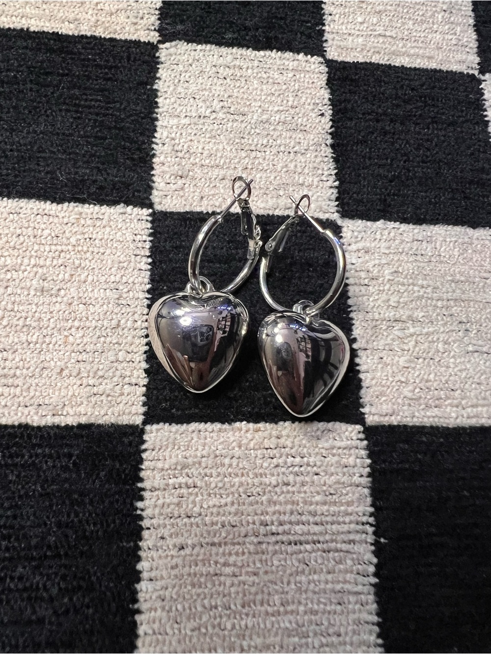 Silver-Tone Puffy Heart Drop Hoop Earrings